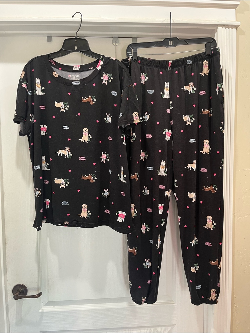 Women’s Black Dog Print Pajama Set with Pink Accents